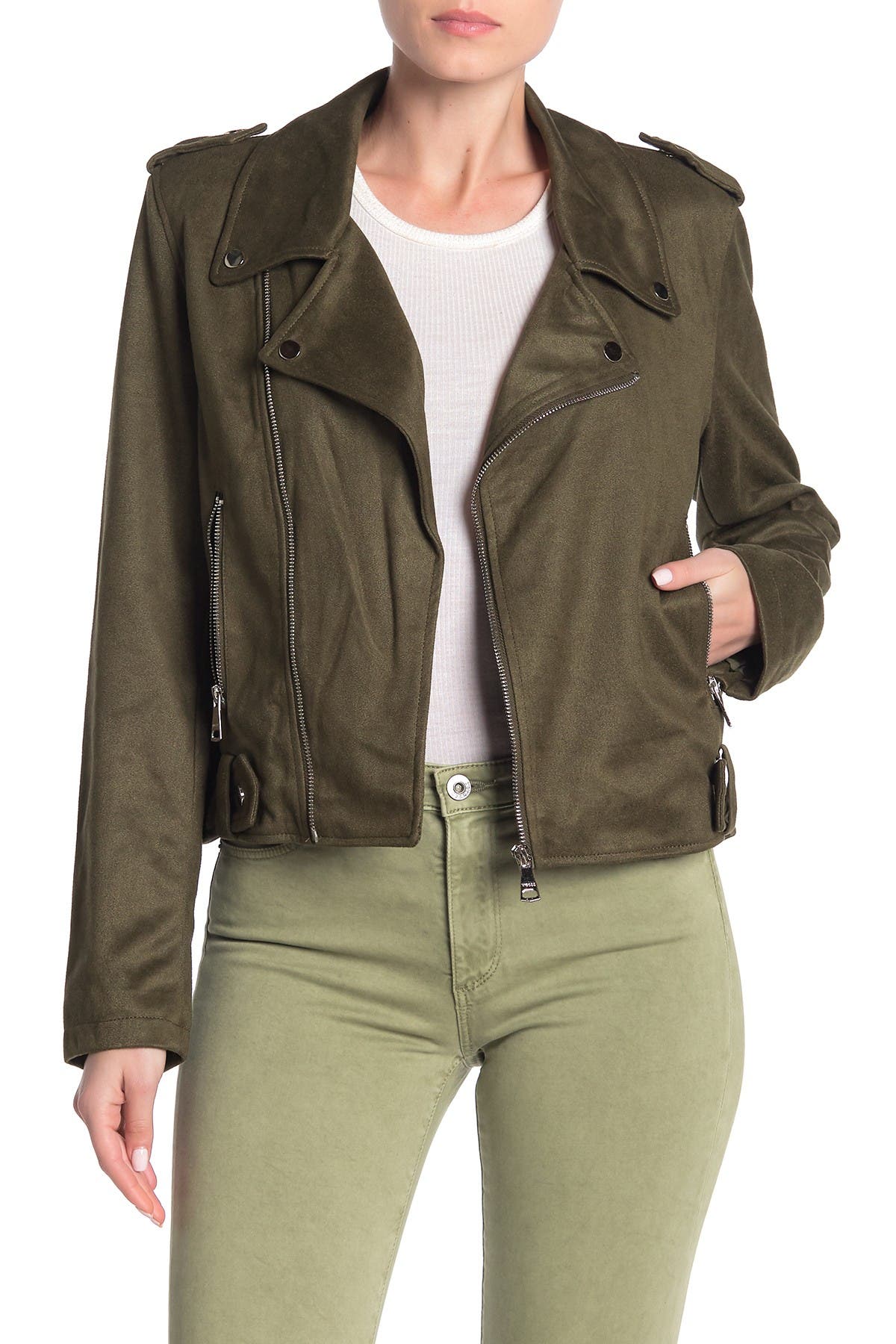 Click to view more detailed imagery on our partner's website Vigoss Faux Suede Moto Jacket In Olive