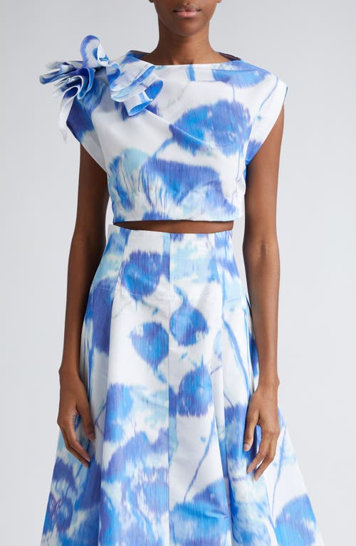 Lela Rose Floral Ruffle Detail Crop Top In White/blue Floral