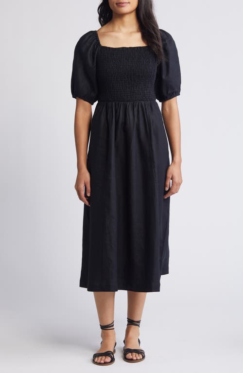 Boden Sky Smocked Short Sleeve Linen Midi Dress in Black at Nordstrom, Size 18