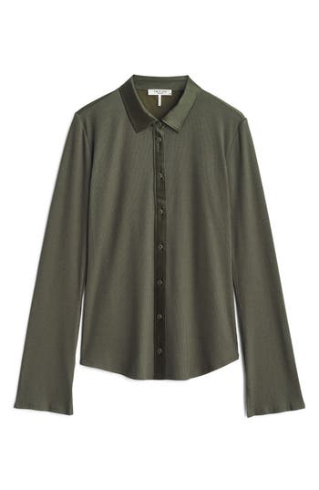 Rag & Bone The Ribbed Mixed Media Button-up Shirt In Olive