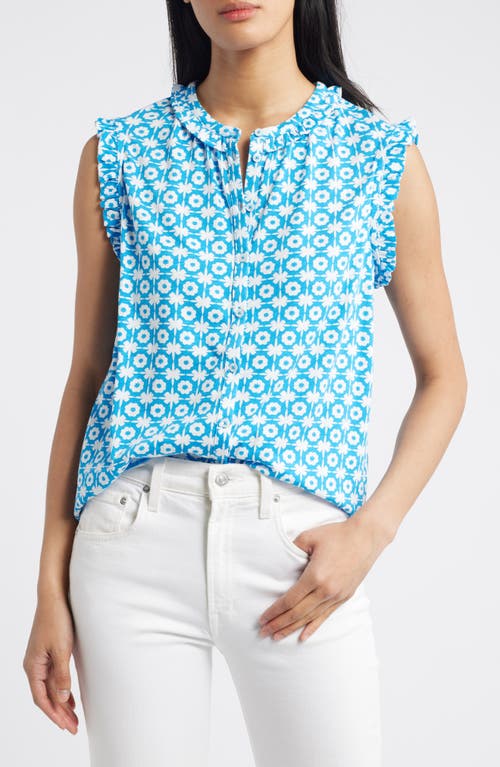 Olive Floral Sleeveless Button-Up Shirt in Brilliant Blue