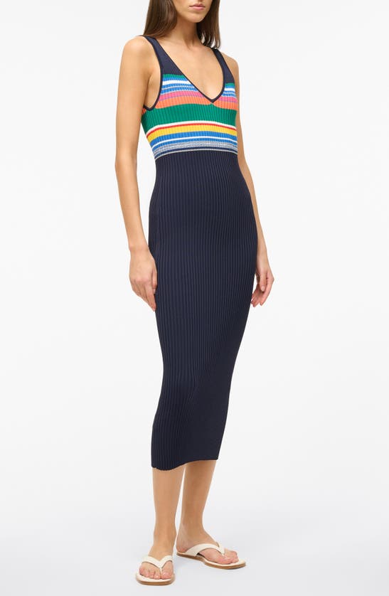 Shop Staud Dana Stripe Midi Sweater Dress In Navy Multi