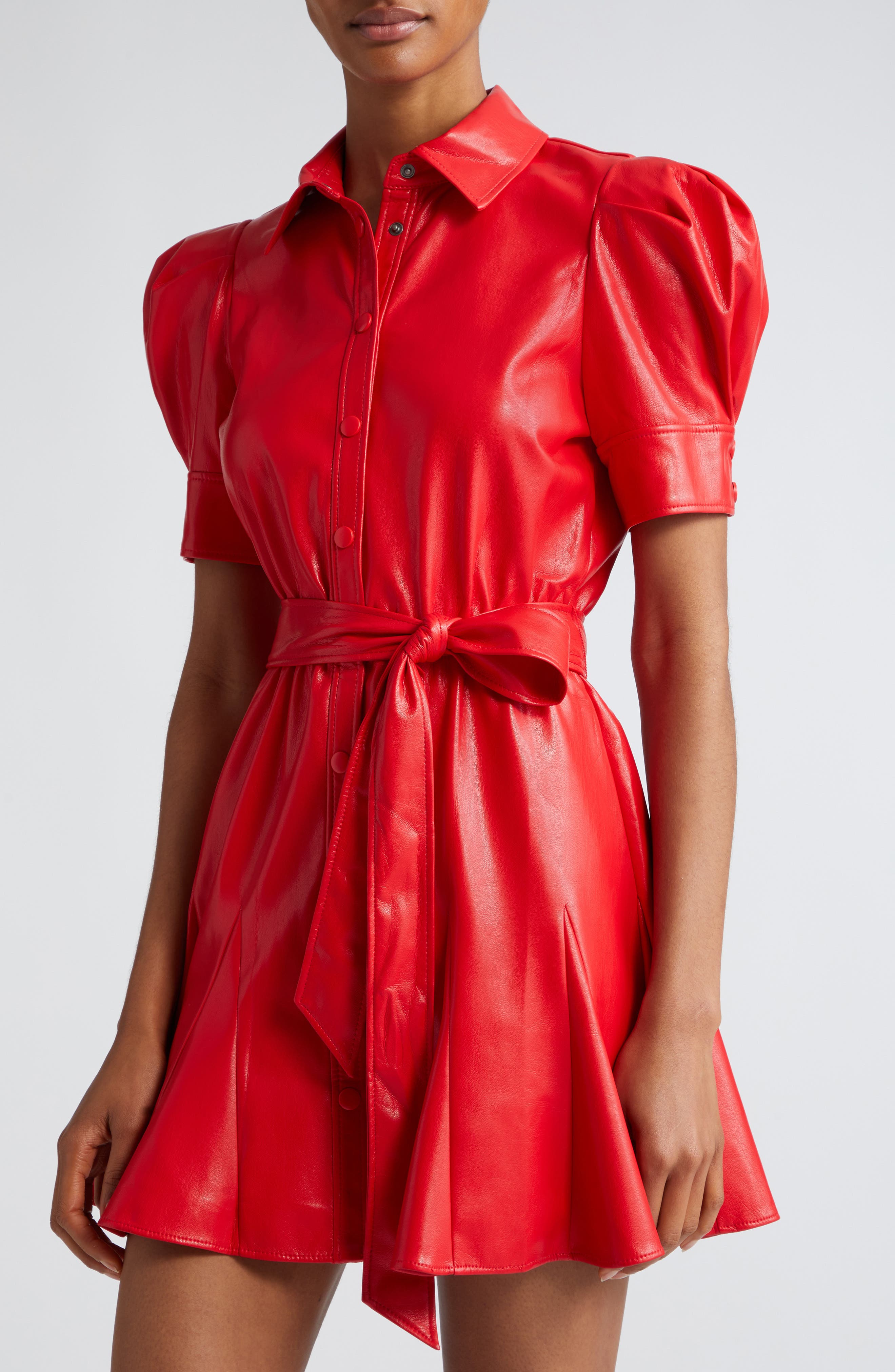 Alice + Olivia Lurlene Puff Sleeve Faux Leather Minidress in Bright Ruby |  Smart Closet
