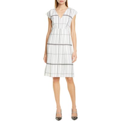 Lewit Grid Check Cap Sleeve Dress, Ivory