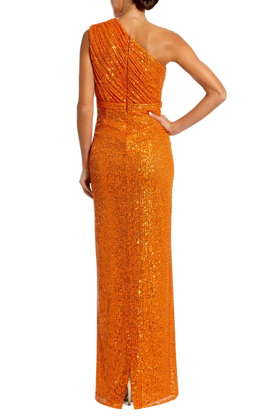 Shop Mac Duggal Sequin One-shoulder Column Gown In Orange