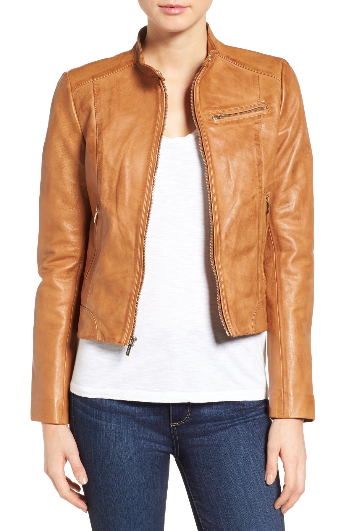 Cole Haan Band Collar Leather Racer Jacket | Nordstrom