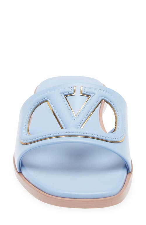 Shop Valentino Garavani Vlogo Cutout Slide Sandal In Popeline Blue/antique Brass