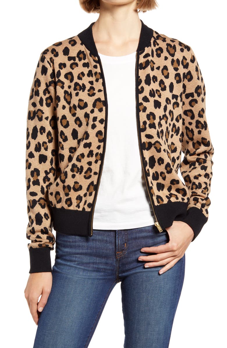 J.CREW Leopard Bomber Sweater Jacket, Main, color, HEATHER KHAKI PECAN BLACK