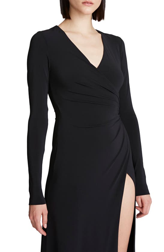 Shop Halston Evening Sydney Ruched Long Sleeve Jersey Gown In Black