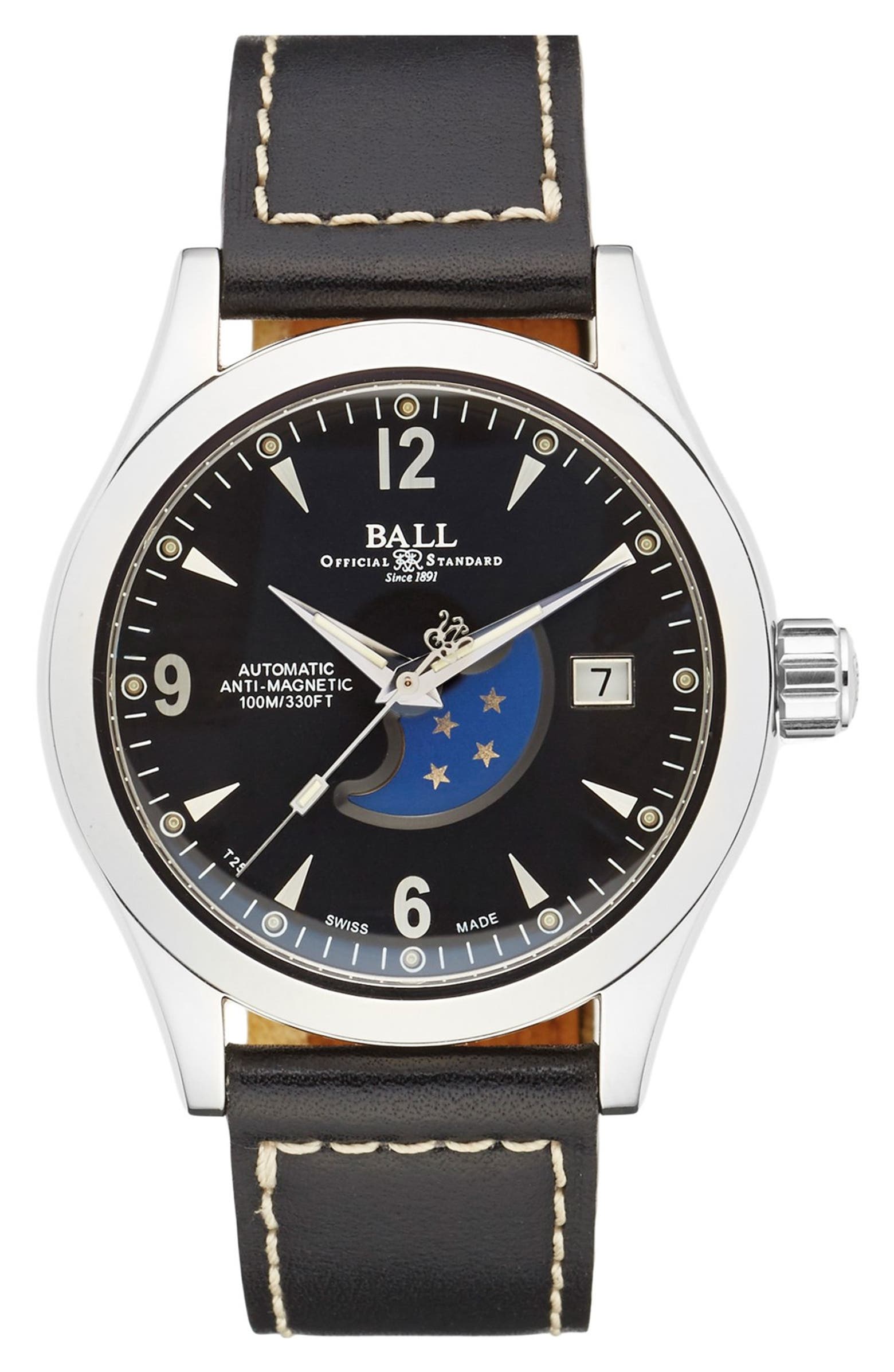 BALL 'Engineer II Ohio' Moon Phase Leather Strap Watch, 40mm Nordstrom