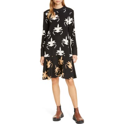 Tibi Ghost Orchid Long Sleeve Silk Dress, Black