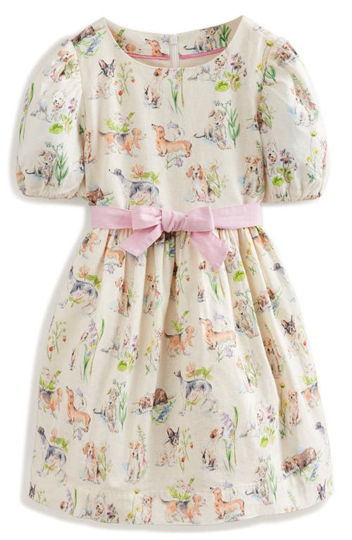 Shop Mini Boden Kids' Pup Print Puff Sleeve Cotton & Linen Dress In Ivory Painted Puppies