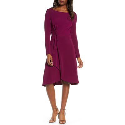 Leota Erin Knot Waist Long Sleeve Textured Crepe Dress, Purple