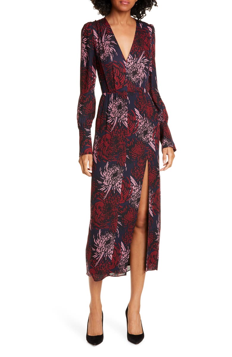 silk midi dress with long sleeves