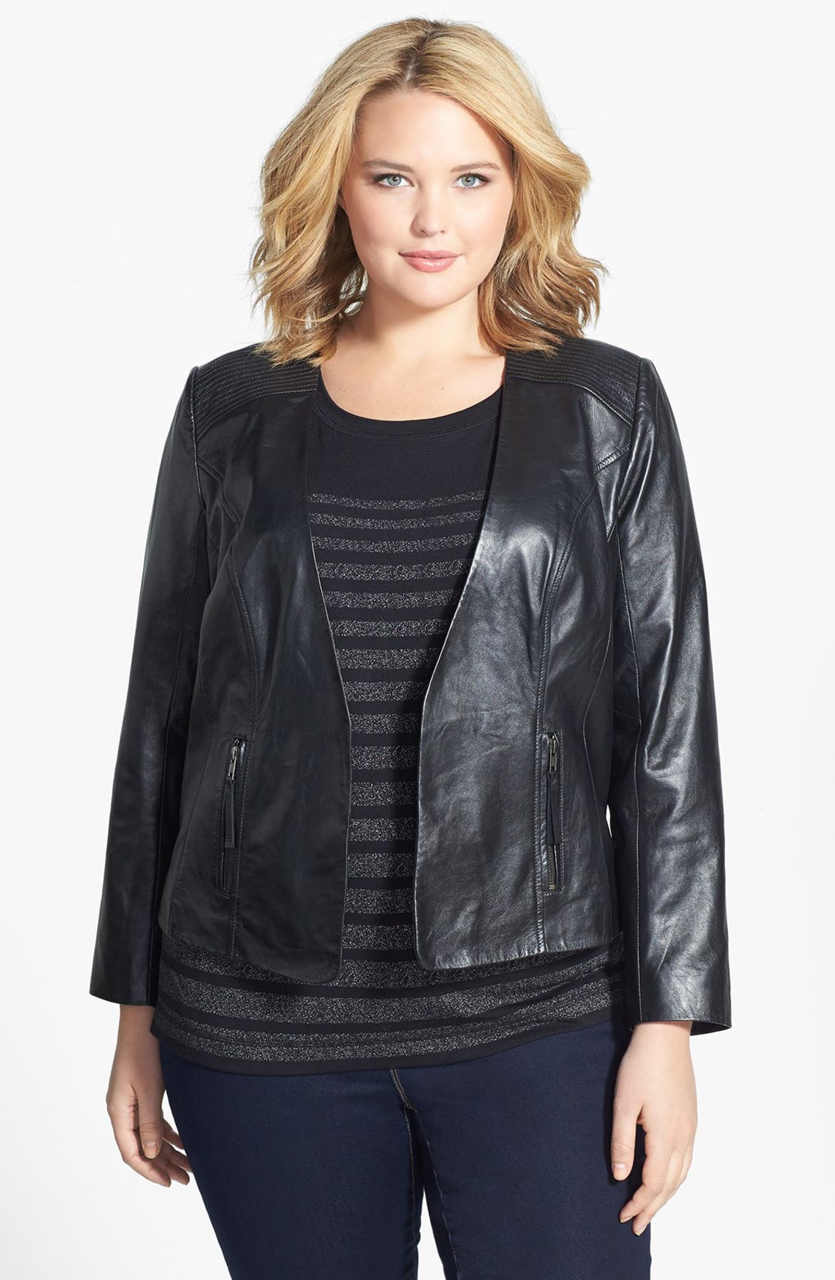 Sejour Lambskin Leather Open Front Jacket (Plus Size) | Nordstrom