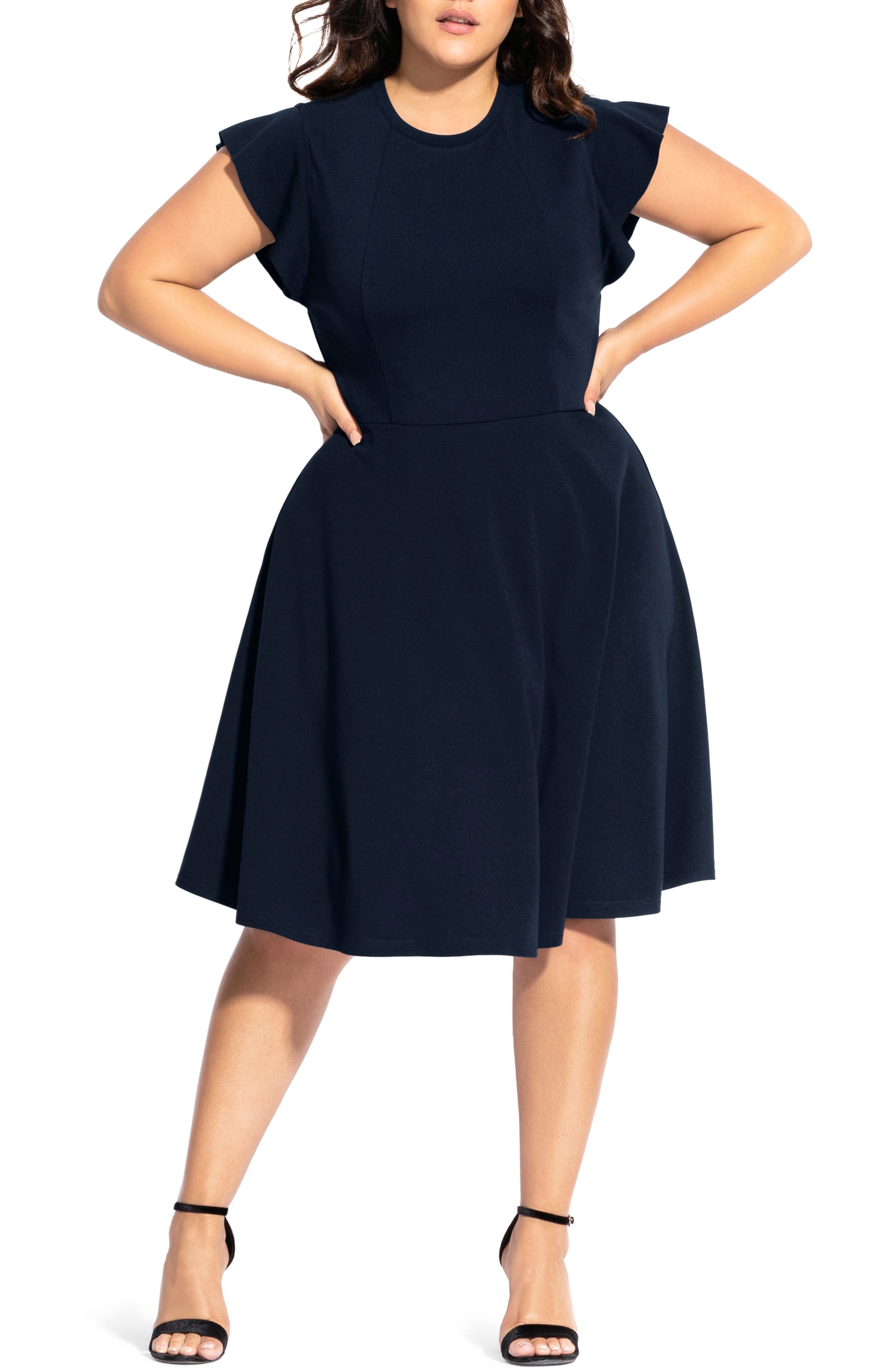 Plus Size City Chic Frill Sleeve Fit & Flare Dress, Blue