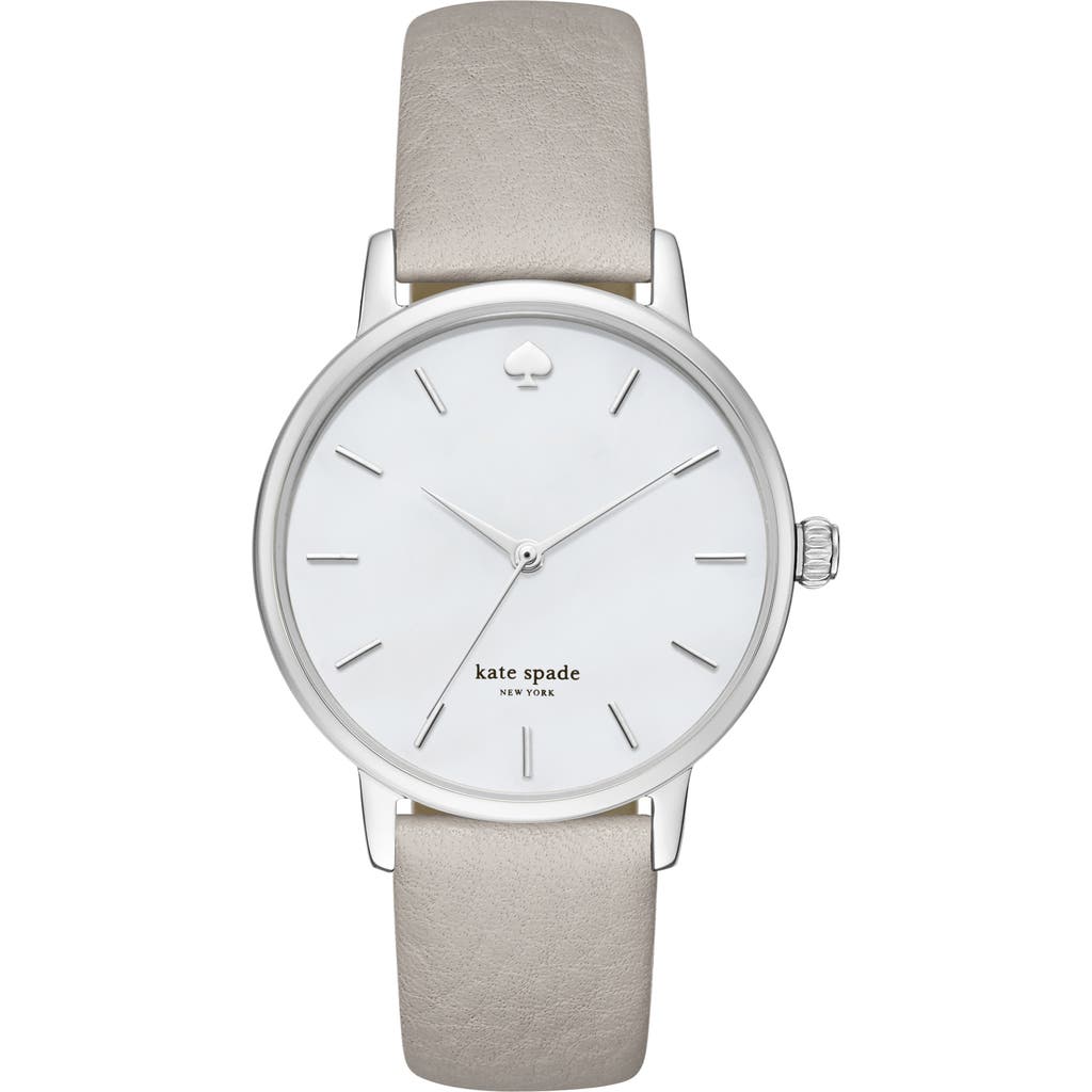 Shop Kate Spade New York 'metro' Round Leather Strap Watch, 34mm In Grey/mother Of Pearl