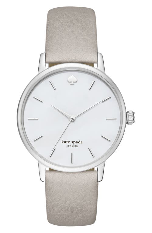 Shop Kate Spade New York 'metro' Round Leather Strap Watch, 34mm In Grey/mother Of Pearl