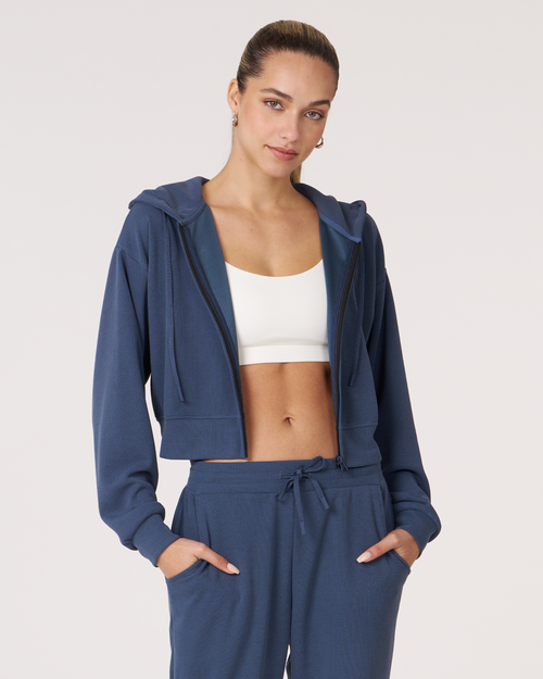 Shop Rebody Active Retreat Waffle Zip Up Jacket In Navy