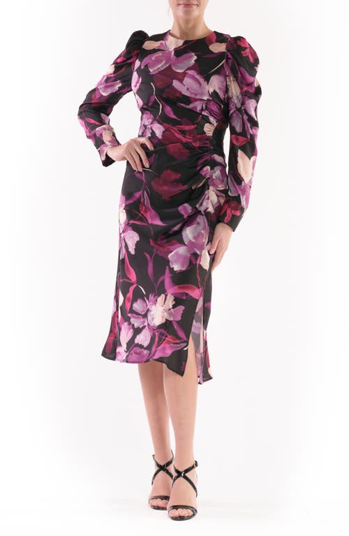 JULIA JORDAN JULIA JORDAN FLORAL PUFF SHOULDER LONG SLEEVE COCKTAIL MIDI DRESS 