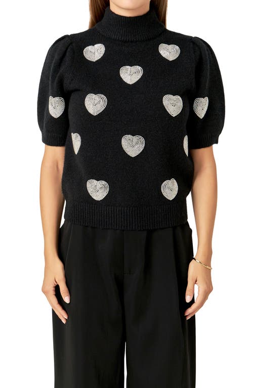 English Factory Heart Embellished Puff Sleeve Sweater In Black