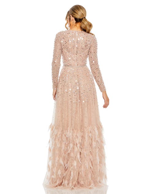 Mac Duggal Disc Embellished Sequin Gown With Feather Detail In Dusty Rose