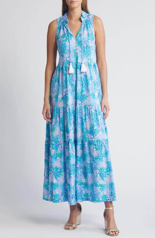 Lilly Pulitzer Malone Sleeveless Tiered Cotton Maxi Dress in Las Olas Aqua Strong Sea