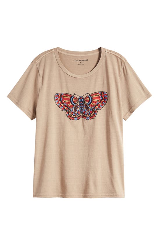 Shop Lucky Brand Butterfly Embroidered Cotton T-shirt In Light Taupe