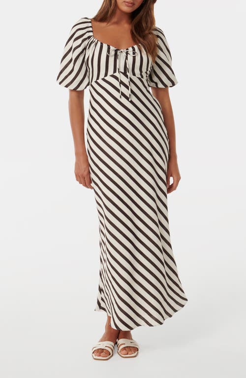 Angela Stripe Short Sleeve Linen Midi Dress in Chocolate Royston Stripe
