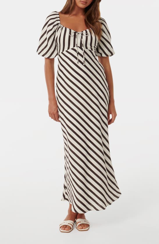 Ever New Angela Stripe Short Sleeve Linen Midi Dress In Chocolate Royston Stripe