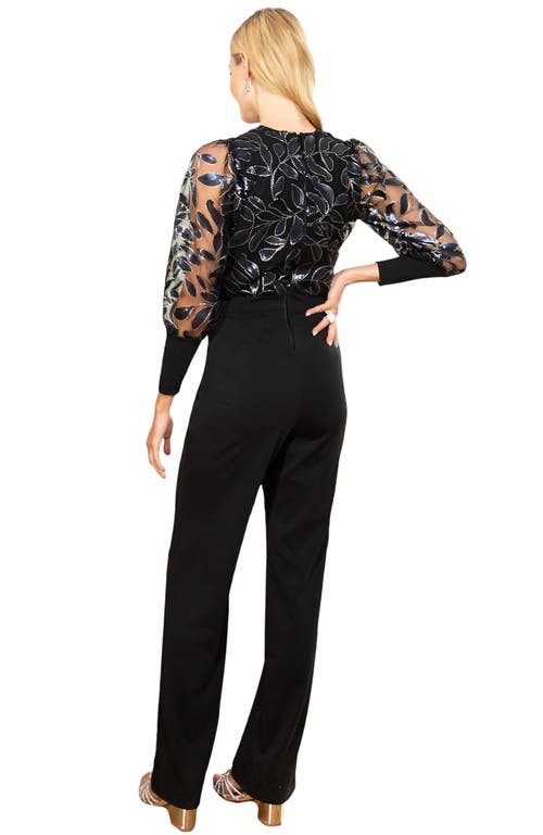 Shop Hotsquash London Clothing Sequin Top Straight Leg Jumpsuit In Black With Navy Leaf Sequiuns