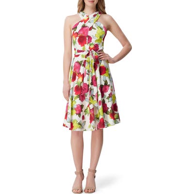 Tahari Floral Sleeveless Crepe Dress, White