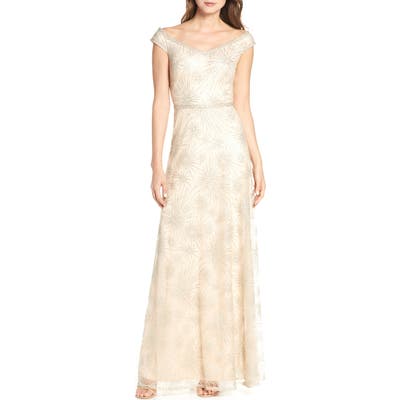 Tadashi Shoji Off The Shoulder Lace Gown, Beige
