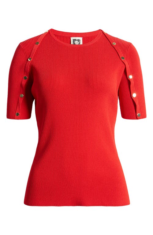 Shop Anne Klein Rib Snap Trim Short Sleeve Crewneck Sweater In Bright Crimson