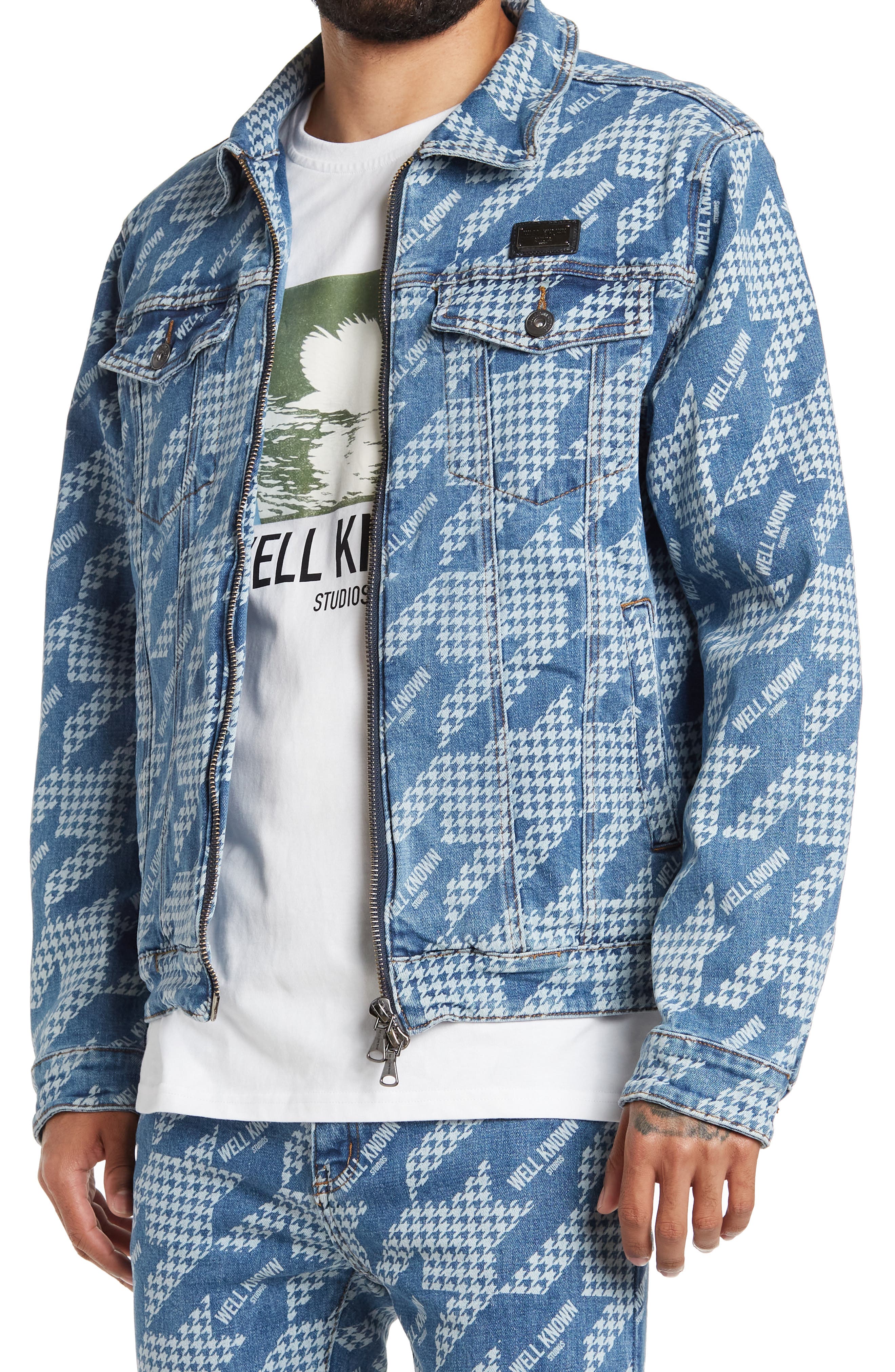 WELL KNOWN Houndstooth Zip Denim Jacket 