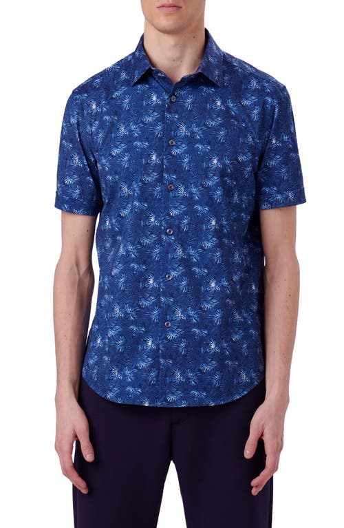 Bugatchi Miles OoohCotton Leaf Print Short Sleeve Button-Up Shirt Night Blue at Nordstrom,