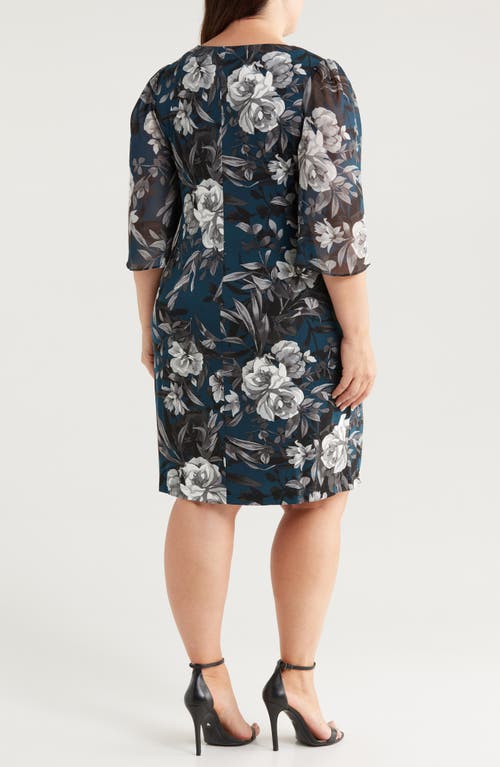 Connected Apparel Floral Flutter Sleeve Sheath Dress In Dark Mallard