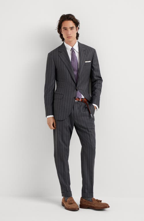 Shop Brunello Cucinelli Super 150s Virgin Wool Wide Chalk Stripe Batavia Formal Fit Trousers In Grey