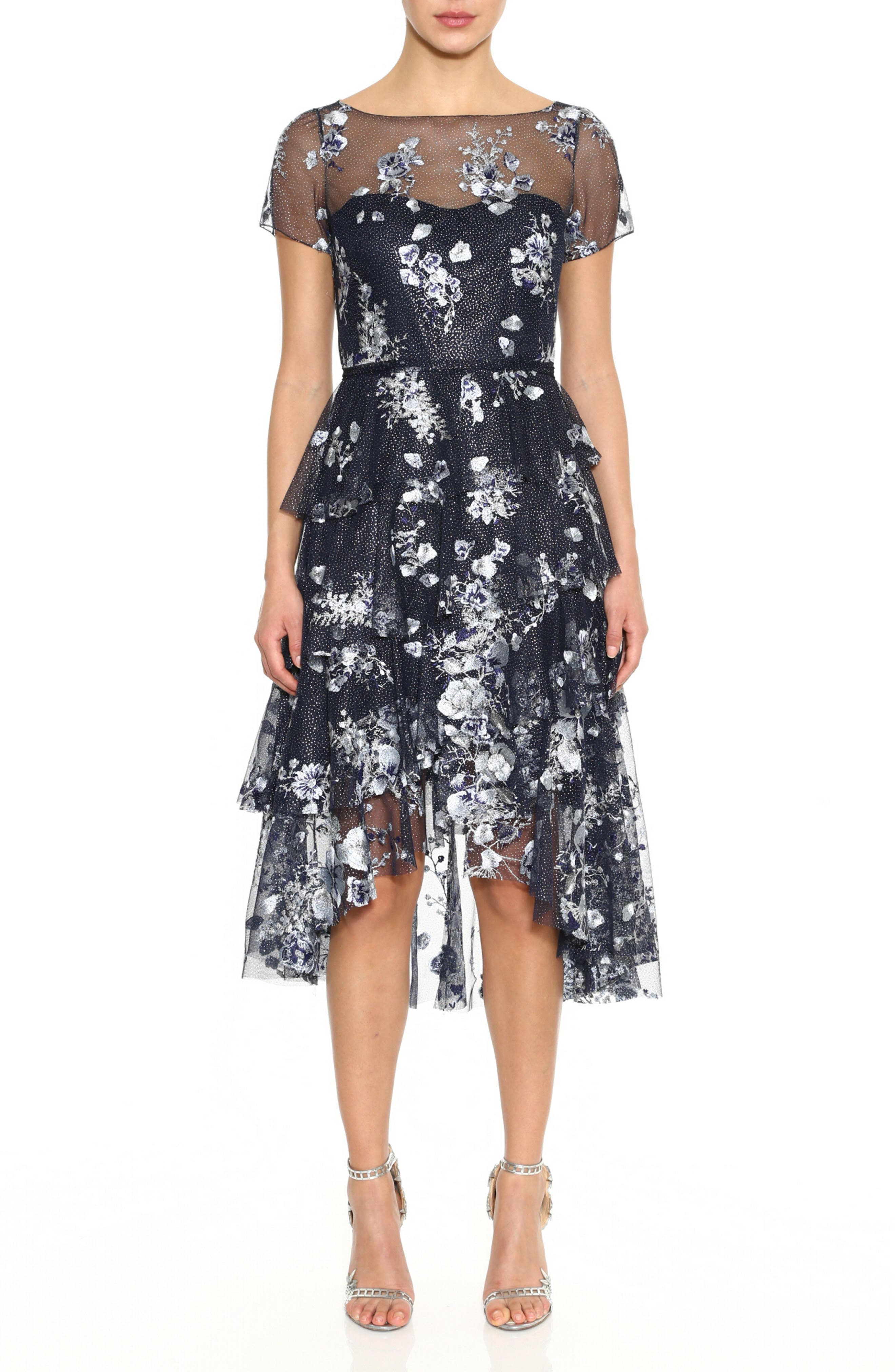 Marchesa Notte Embroidered Cocktail Dress In Navy