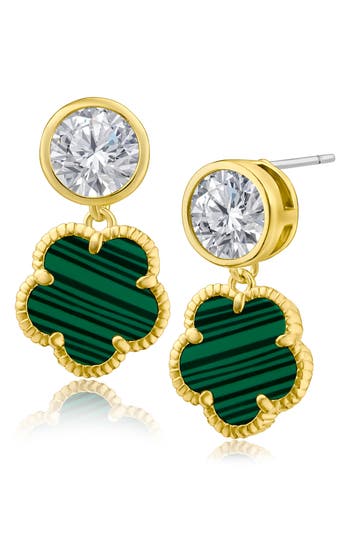 Cz By Kenneth Jay Lane Cz & Clover Dangle Earrings In Green/gold