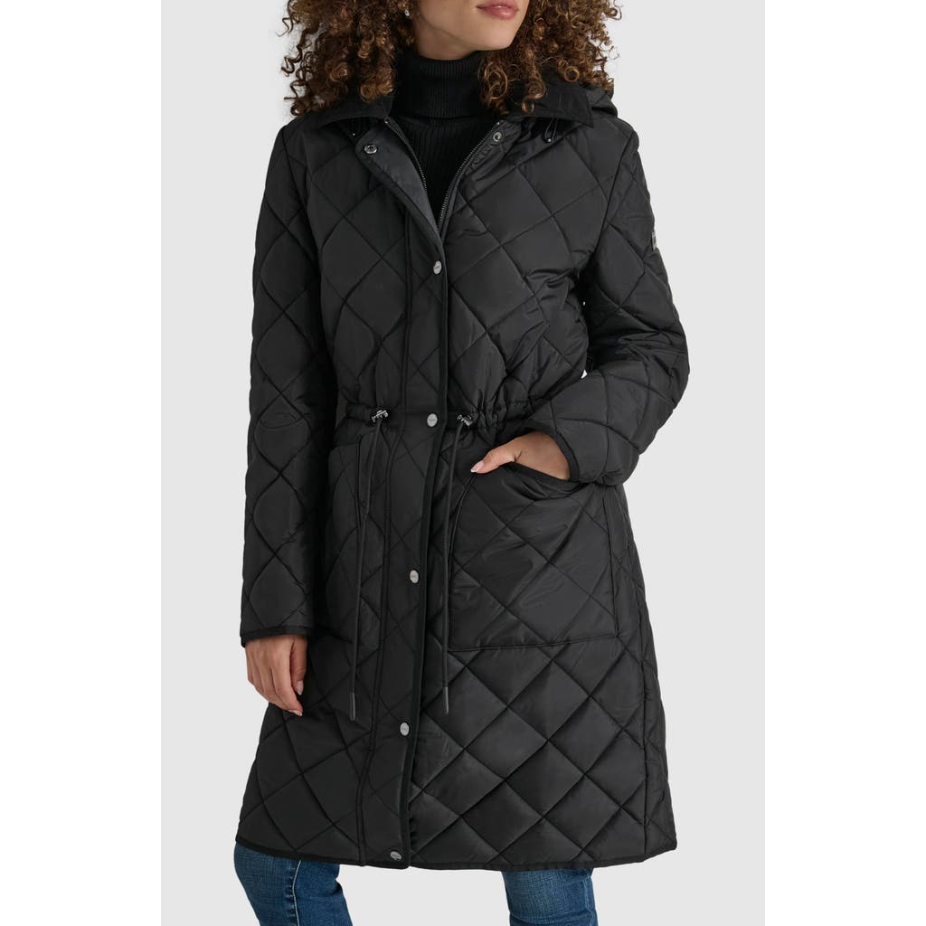 Dkny Women's Missy Diamond-quilted Hooded Parka In Black
