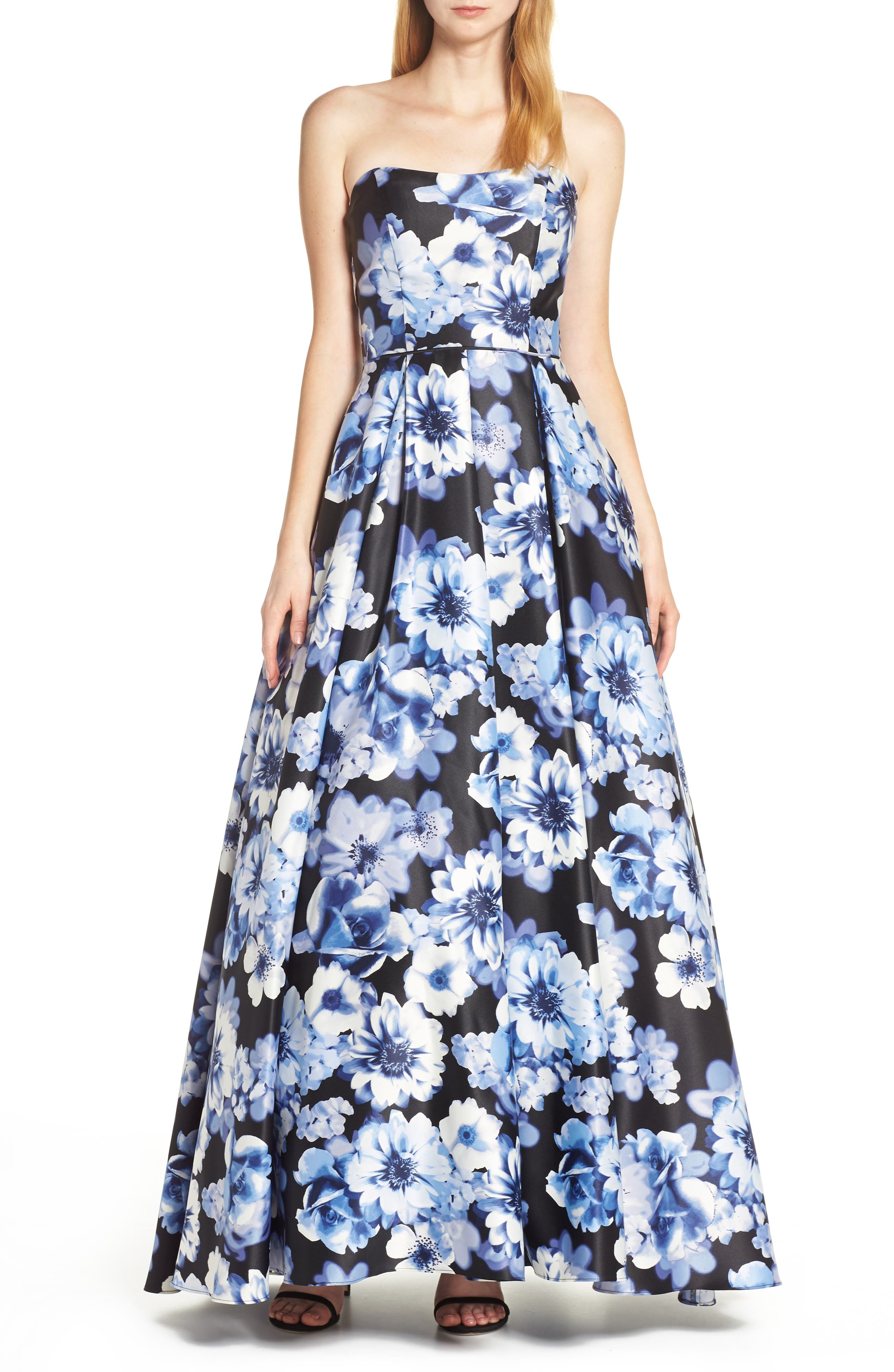 Blondie Nites Floral Print Strapless Satin Evening Dress, Blue