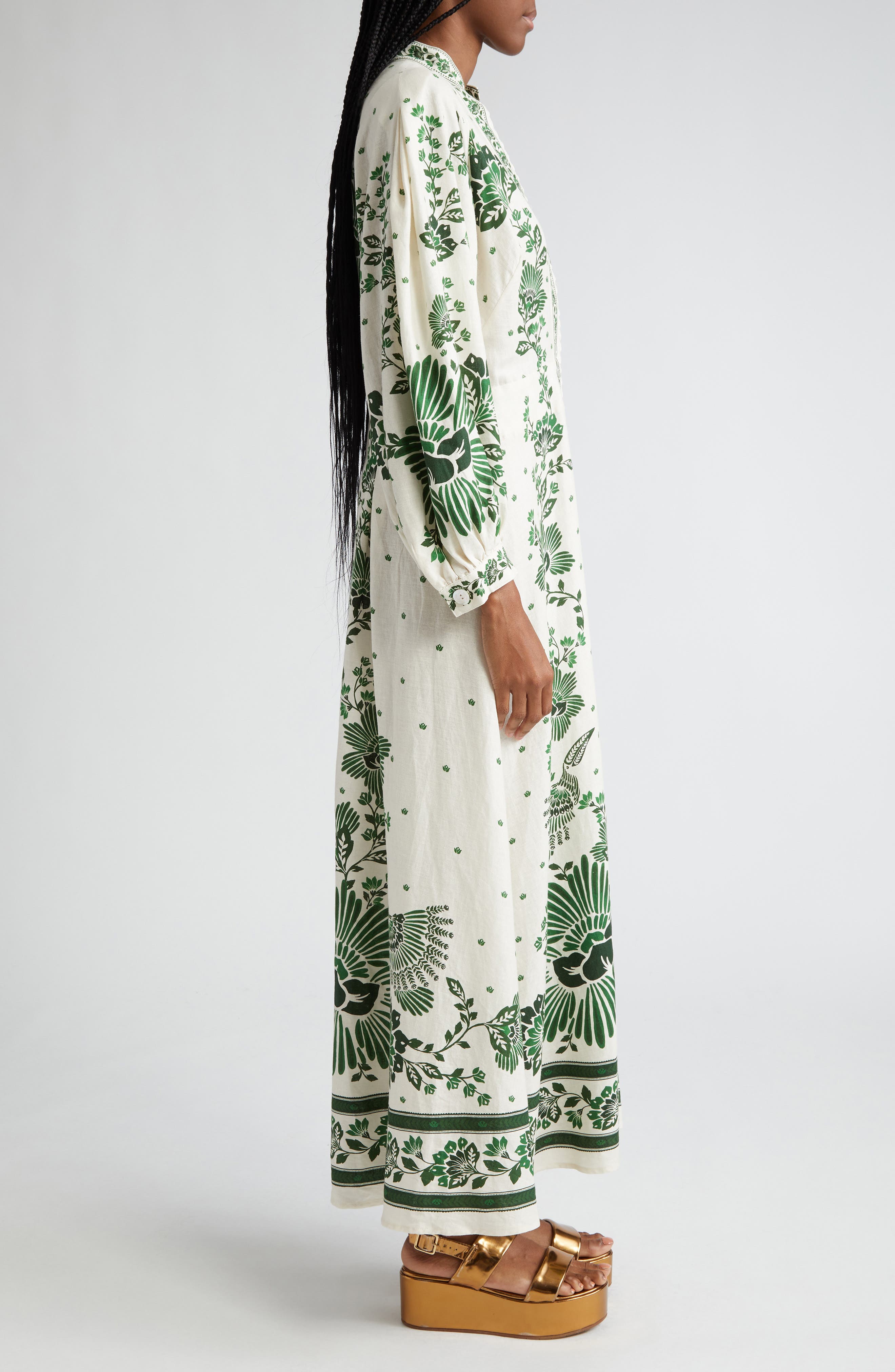 FARM Rio Forest Soul Long Sleeve Linen Blend Shirtdress in Forest Soul  Off-White | Smart Closet