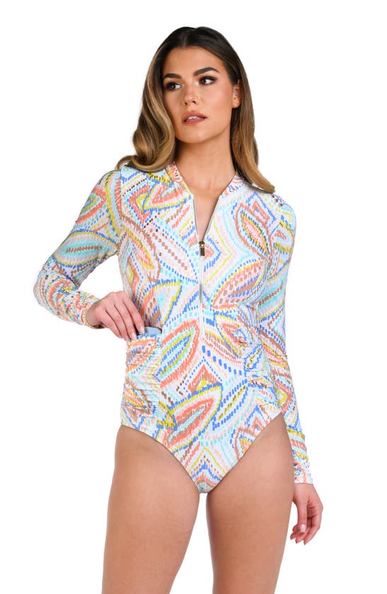 Shop La Blanca Sunbaked Jewels Shirred Long Sleeve One-piece Swimsuit In White