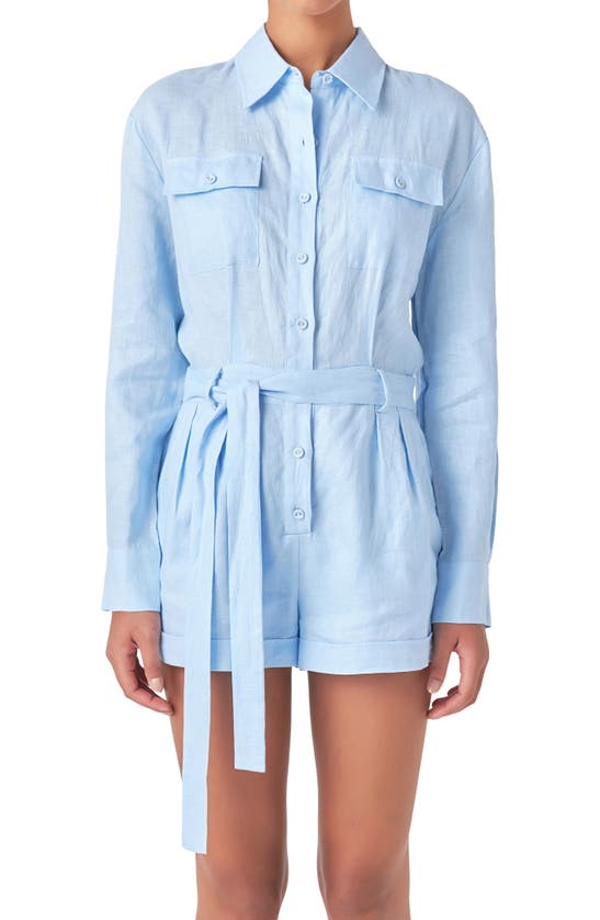 Shop Grey Lab Long Sleeve Linen Romper In Blue