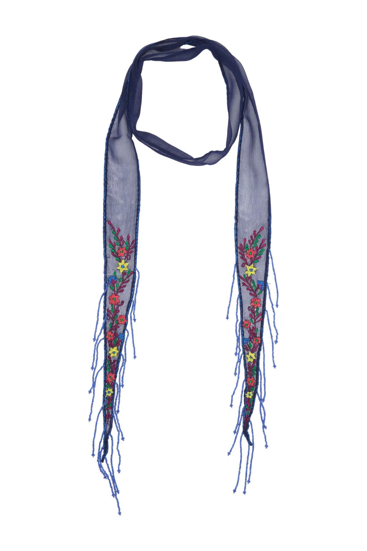 Chan Luu Floral Embroidered Beaded Fringe Skinny Scarf In Medblue