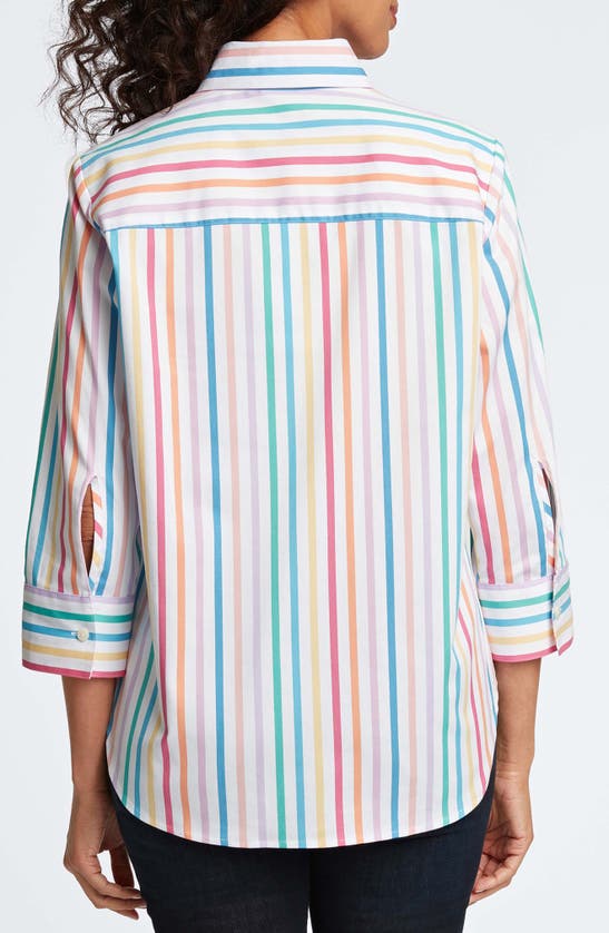 Shop Foxcroft Meghan Rainbow Stripe Button-up Shirt In White Multi Stripe