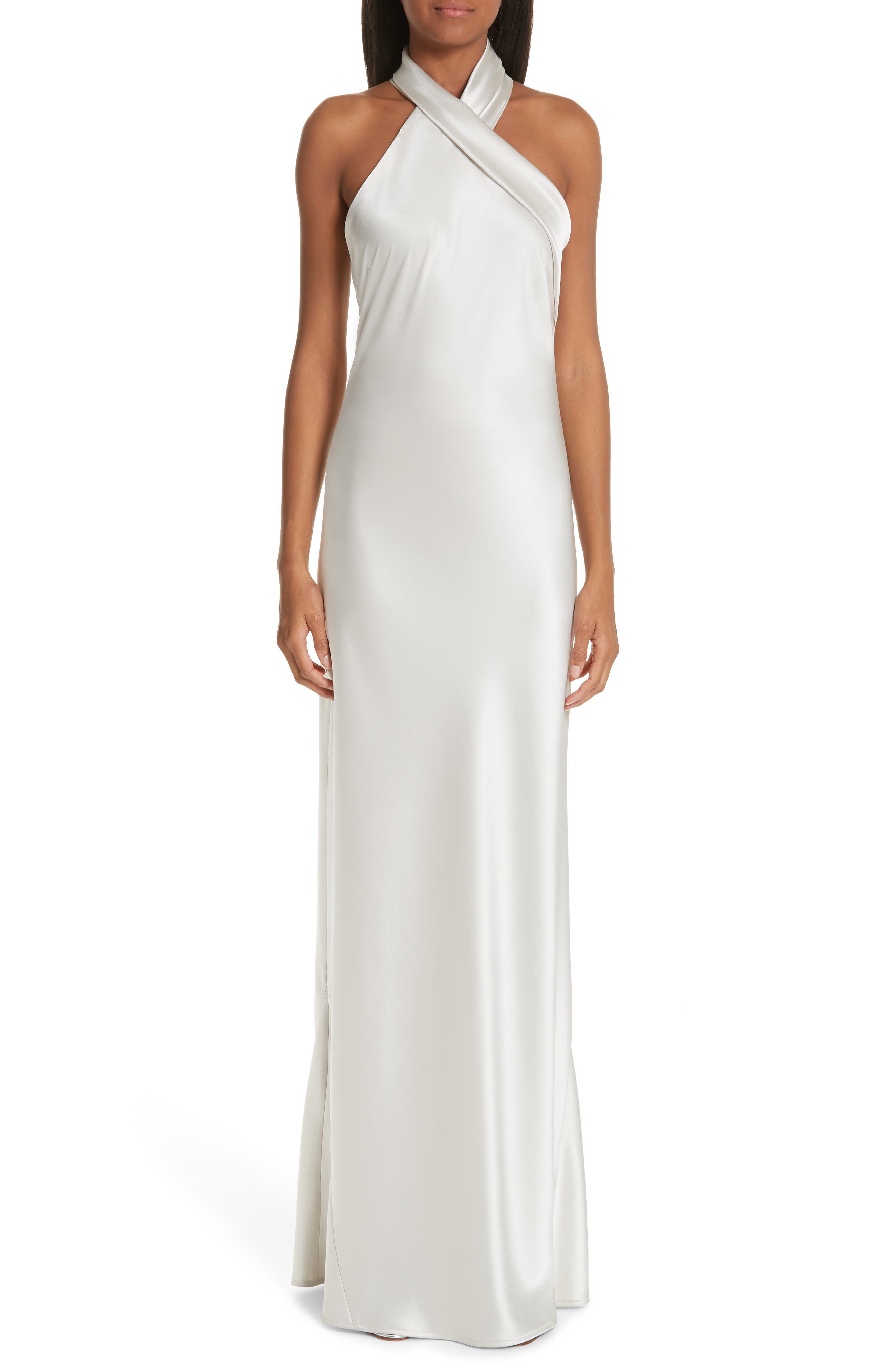 white satin halter dress