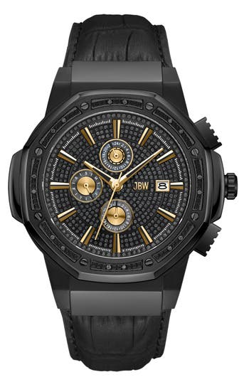 Jbw Saxon Diamond Croc Embossed Leather Strap Watch, 44mm In Ip Black