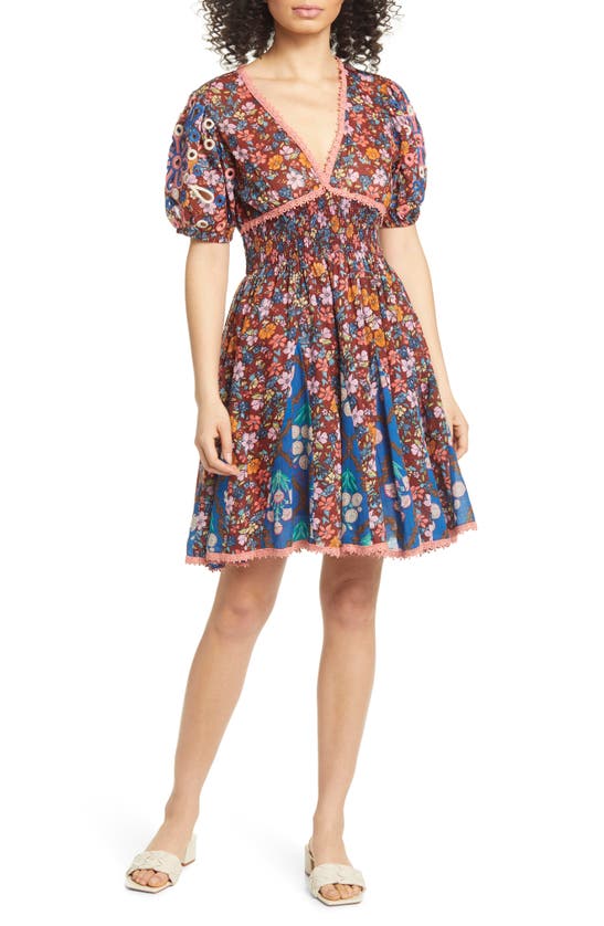 Barok Paris Floral Puff Sleeve Cotton Minidress In Royal Blue